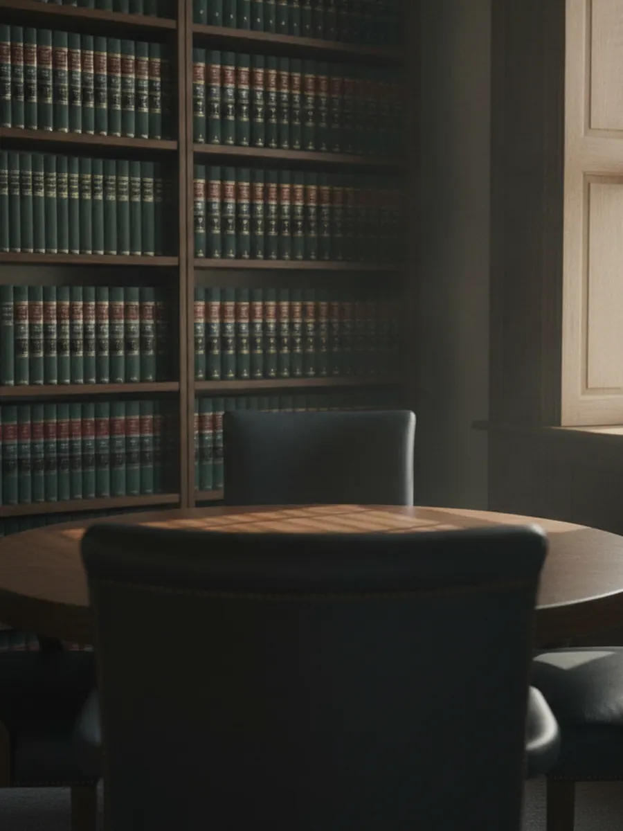Sala de atendimento com mesa redonda de nogueira, cadeiras de couro e estante de livros.