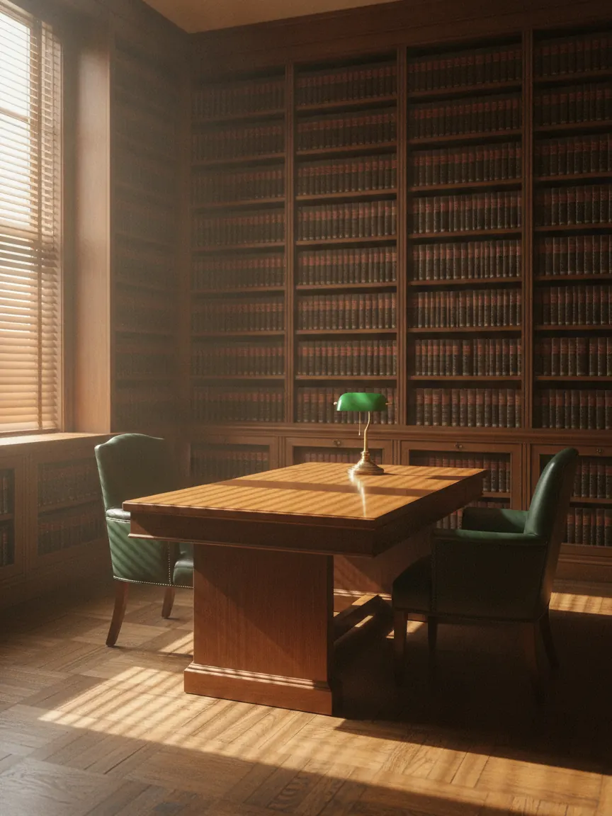 Biblioteca com estantes do chão ao teto, mesa de leitura com luminária verde e duas poltronas.