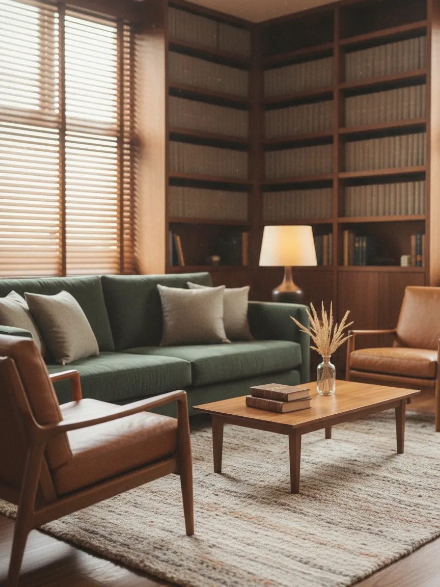 Sala de espera com sofá verde, poltronas de couro, tapete, mesa de centro e luminária acesa.