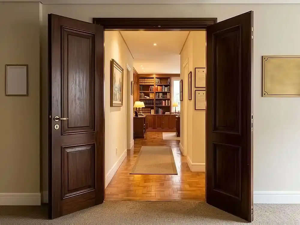 Porta dupla de madeira aberta para o corredor que leva à biblioteca do escritório.