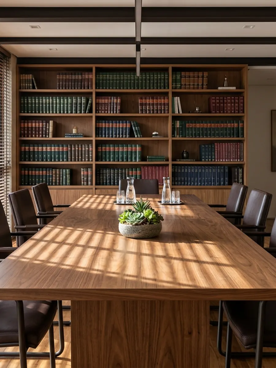 Sala de reunião com mesa longa de nogueira, cadeiras de couro e estante de livros jurídicos.