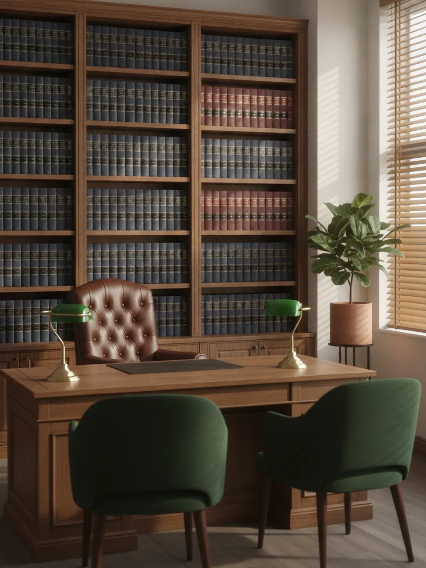 Sala de trabalho com mesa de madeira, cadeira de couro, duas poltronas verdes para visitantes e estante de livros.
