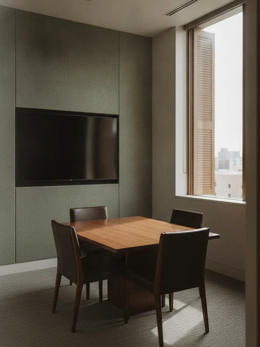 Sala reservada para videochamadas, com tela na parede verde, mesa para quatro pessoas e janela.